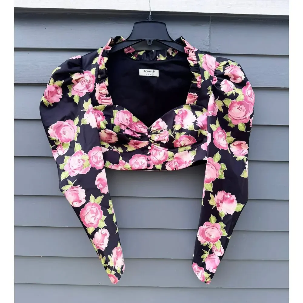 NWOT HOUSE OF CB Marcellina Rose Print Long Sleeve Satin Bustier Top Large L